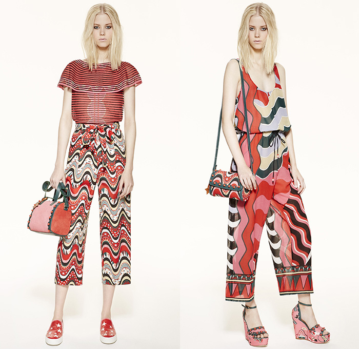 M Missoni 2016 Spring Summer Womens Lookbook Presentation - New York Fashion Week - Circus Carnival Trapeze Lurex Knit Ribbed Ruffles Capelet Illustration Waves Zigzag Stars Check Sheer Chiffon Wide Leg Trousers Palazzo Pants Culottes Stripes Onesie Jumpsuit Blouse Animals Tiger Belt Bow Silk Shorts Shirtdress Dress Tunic Geometric Tiered Embroidery Skirt Handbag Sneakers 