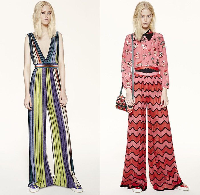 M Missoni 2016 Spring Summer Womens Lookbook Presentation - New York Fashion Week - Circus Carnival Trapeze Lurex Knit Ribbed Ruffles Capelet Illustration Waves Zigzag Stars Check Sheer Chiffon Wide Leg Trousers Palazzo Pants Culottes Stripes Onesie Jumpsuit Blouse Animals Tiger Belt Bow Silk Shorts Shirtdress Dress Tunic Geometric Tiered Embroidery Skirt Handbag Sneakers 