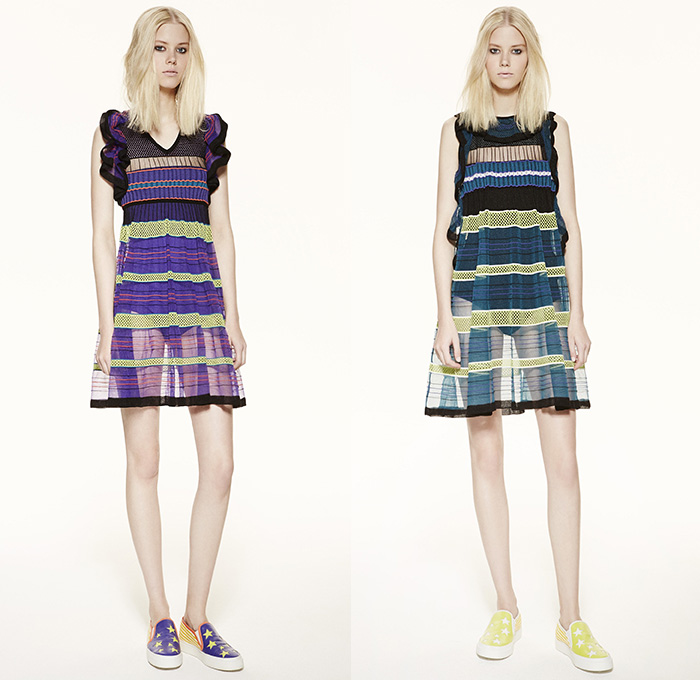 M Missoni 2016 Spring Summer Womens Lookbook Presentation - New York Fashion Week - Circus Carnival Trapeze Lurex Knit Ribbed Ruffles Capelet Illustration Waves Zigzag Stars Check Sheer Chiffon Wide Leg Trousers Palazzo Pants Culottes Stripes Onesie Jumpsuit Blouse Animals Tiger Belt Bow Silk Shorts Shirtdress Dress Tunic Geometric Tiered Embroidery Skirt Handbag Sneakers 