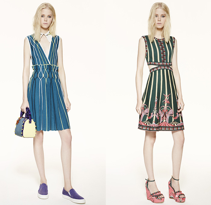 M Missoni 2016 Spring Summer Womens Lookbook Presentation - New York Fashion Week - Circus Carnival Trapeze Lurex Knit Ribbed Ruffles Capelet Illustration Waves Zigzag Stars Check Sheer Chiffon Wide Leg Trousers Palazzo Pants Culottes Stripes Onesie Jumpsuit Blouse Animals Tiger Belt Bow Silk Shorts Shirtdress Dress Tunic Geometric Tiered Embroidery Skirt Handbag Sneakers 