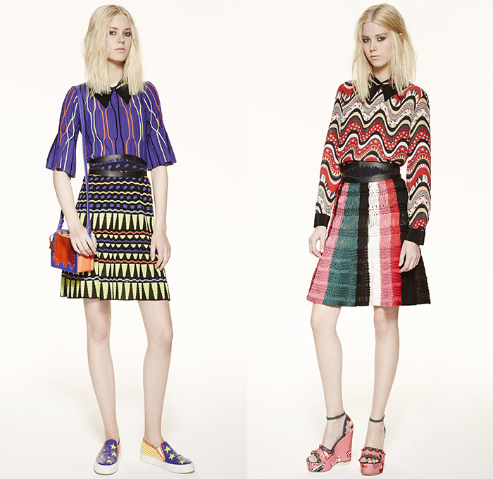 M Missoni 2016 Spring Summer Womens Lookbook Presentation - New York Fashion Week - Circus Carnival Trapeze Lurex Knit Ribbed Ruffles Capelet Illustration Waves Zigzag Stars Check Sheer Chiffon Wide Leg Trousers Palazzo Pants Culottes Stripes Onesie Jumpsuit Blouse Animals Tiger Belt Bow Silk Shorts Shirtdress Dress Tunic Geometric Tiered Embroidery Skirt Handbag Sneakers 