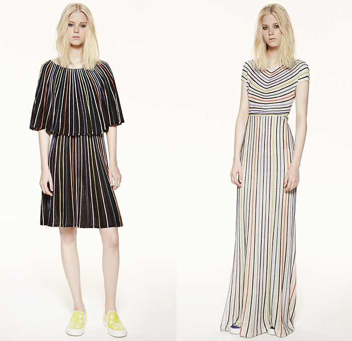 M Missoni 2016 Spring Summer Womens Lookbook Presentation - New York Fashion Week - Circus Carnival Trapeze Lurex Knit Ribbed Ruffles Capelet Illustration Waves Zigzag Stars Check Sheer Chiffon Wide Leg Trousers Palazzo Pants Culottes Stripes Onesie Jumpsuit Blouse Animals Tiger Belt Bow Silk Shorts Shirtdress Dress Tunic Geometric Tiered Embroidery Skirt Handbag Sneakers 