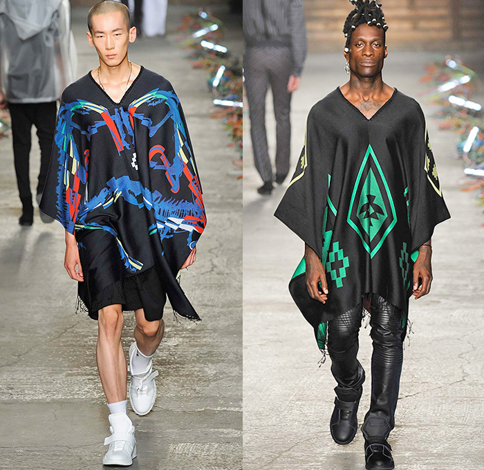 Marcelo Burlon County of Milan 2016 Spring Summer Mens Runway Catwalk Looks - Milano Moda Uomo Collezione Milan Fashion Week Italy - Robe Cloak Poncho Streetwear Urban Baja Argentinian Argentine Catcher Mask Shorts Bomber Jacket Tribal Ethnic Folk Straps Skull Knit Sweater Jumper Moto Motorcycle Biker Rider Leather Racer Fringes Hoodie Cargo Pockets Stripes Apron Tank Top Plastic Camo Wireframe Suit