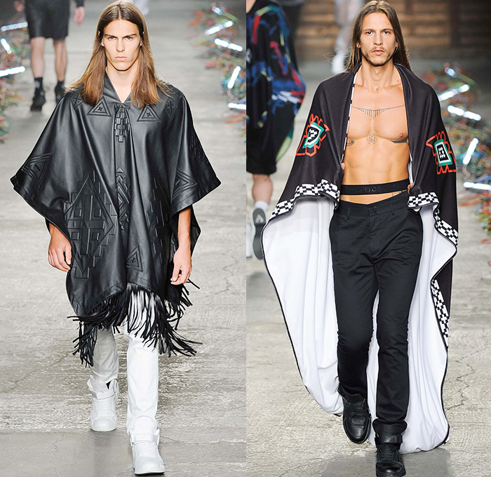 Marcelo Burlon County of Milan 2016 Spring Summer Mens Runway Catwalk Looks - Milano Moda Uomo Collezione Milan Fashion Week Italy - Robe Cloak Poncho Streetwear Urban Baja Argentinian Argentine Catcher Mask Shorts Bomber Jacket Tribal Ethnic Folk Straps Skull Knit Sweater Jumper Moto Motorcycle Biker Rider Leather Racer Fringes Hoodie Cargo Pockets Stripes Apron Tank Top Plastic Camo Wireframe Suit