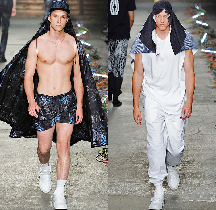 Marcelo Burlon County of Milan 2016 Spring Summer Mens Runway Catwalk Looks - Milano Moda Uomo Collezione Milan Fashion Week Italy - Robe Cloak Poncho Streetwear Urban Baja Argentinian Argentine Catcher Mask Shorts Bomber Jacket Tribal Ethnic Folk Straps Skull Knit Sweater Jumper Moto Motorcycle Biker Rider Leather Racer Fringes Hoodie Cargo Pockets Stripes Apron Tank Top Plastic Camo Wireframe Suit