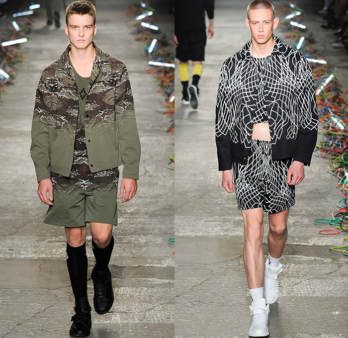 Marcelo Burlon County of Milan 2016 Spring Summer Mens Runway Catwalk Looks - Milano Moda Uomo Collezione Milan Fashion Week Italy - Robe Cloak Poncho Streetwear Urban Baja Argentinian Argentine Catcher Mask Shorts Bomber Jacket Tribal Ethnic Folk Straps Skull Knit Sweater Jumper Moto Motorcycle Biker Rider Leather Racer Fringes Hoodie Cargo Pockets Stripes Apron Tank Top Plastic Camo Wireframe Suit