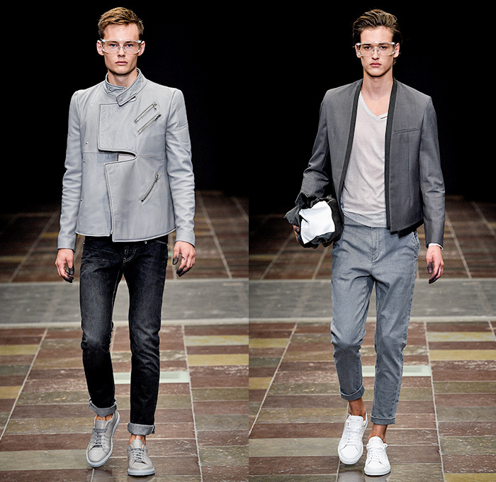 Mardou+Dean 2016 Spring Summer Mens Runway Catwalk Looks - Copenhagen Fashion Week Denmark CPHFW - Denim Jeans Cutout Zippers Outerwear Jacket Blazer Pants Trousers Sneakers Sleeveless Vest Panels Patch Straps Leather Banded Collar Frayed Raw Hem Animal Jungle Zebra Shirt Metallic Silver Pinstripe