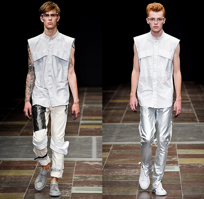 Mardou+Dean 2016 Spring Summer Mens Runway Catwalk Looks - Copenhagen Fashion Week Denmark CPHFW - Denim Jeans Cutout Zippers Outerwear Jacket Blazer Pants Trousers Sneakers Sleeveless Vest Panels Patch Straps Leather Banded Collar Frayed Raw Hem Animal Jungle Zebra Shirt Metallic Silver Pinstripe