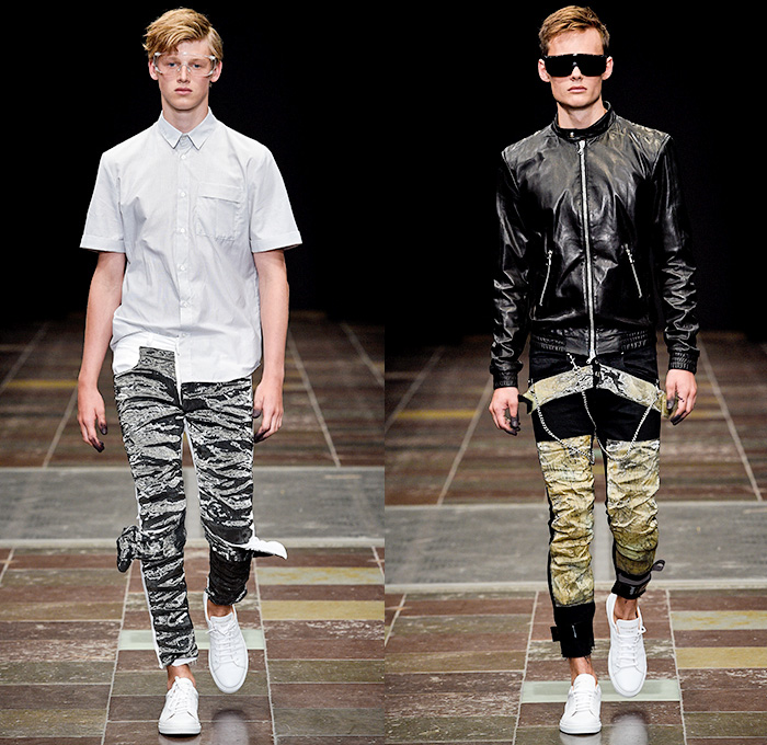 Mardou+Dean 2016 Spring Summer Mens Runway Catwalk Looks - Copenhagen Fashion Week Denmark CPHFW - Denim Jeans Cutout Zippers Outerwear Jacket Blazer Pants Trousers Sneakers Sleeveless Vest Panels Patch Straps Leather Banded Collar Frayed Raw Hem Animal Jungle Zebra Shirt Metallic Silver Pinstripe