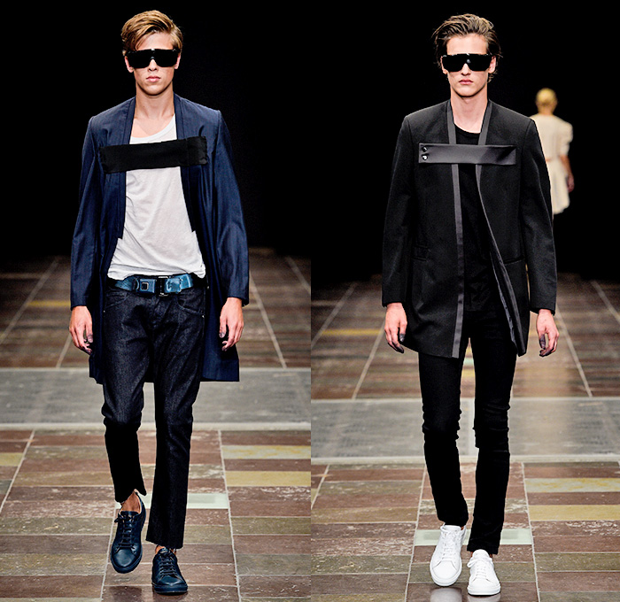 Mardou+Dean 2016 Spring Summer Mens Runway Catwalk Looks - Copenhagen Fashion Week Denmark CPHFW - Denim Jeans Cutout Zippers Outerwear Jacket Blazer Pants Trousers Sneakers Sleeveless Vest Panels Patch Straps Leather Banded Collar Frayed Raw Hem Animal Jungle Zebra Shirt Metallic Silver Pinstripe