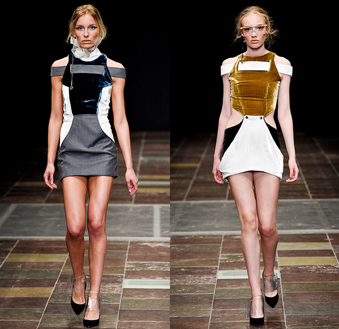 Mardou+Dean 2016 Spring Summer Womens Runway Catwalk Looks - Copenhagen Fashion Week Denmark CPHFW - Denim Jeans Patchwork Mix Match Seat Belt Straps Panels Frayed Raw Hem Maxi Dress Velvet Sheer Chiffon Tulle Mesh Cutout Knit Embroidery Sequins Fanny Pack Waist Pouch Bag Pinstripe Outerwear Jacket Pleats Blouse One Off Shoulder Zipper 