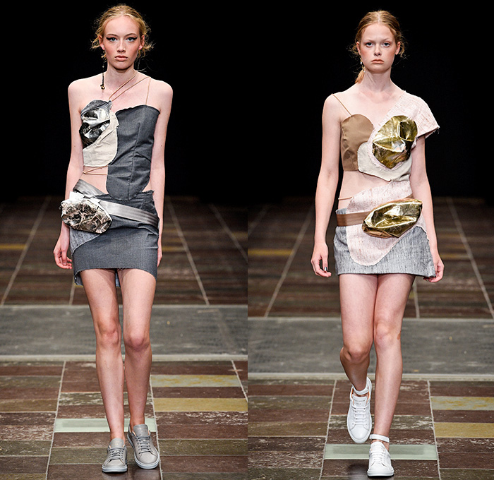 Mardou+Dean 2016 Spring Summer Womens Runway Catwalk Looks - Copenhagen Fashion Week Denmark CPHFW - Denim Jeans Patchwork Mix Match Seat Belt Straps Panels Frayed Raw Hem Maxi Dress Velvet Sheer Chiffon Tulle Mesh Cutout Knit Embroidery Sequins Fanny Pack Waist Pouch Bag Pinstripe Outerwear Jacket Pleats Blouse One Off Shoulder Zipper 