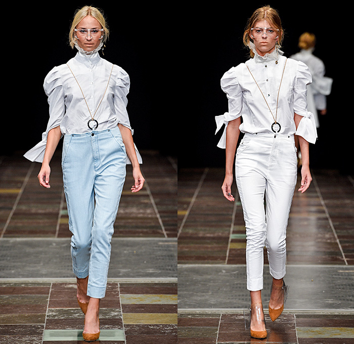 Mardou+Dean 2016 Spring Summer Womens Runway Catwalk Looks - Copenhagen Fashion Week Denmark CPHFW - Denim Jeans Patchwork Mix Match Seat Belt Straps Panels Frayed Raw Hem Maxi Dress Velvet Sheer Chiffon Tulle Mesh Cutout Knit Embroidery Sequins Fanny Pack Waist Pouch Bag Pinstripe Outerwear Jacket Pleats Blouse One Off Shoulder Zipper 