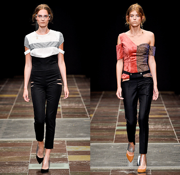 Mardou+Dean 2016 Spring Summer Womens Runway Catwalk Looks - Copenhagen Fashion Week Denmark CPHFW - Denim Jeans Patchwork Mix Match Seat Belt Straps Panels Frayed Raw Hem Maxi Dress Velvet Sheer Chiffon Tulle Mesh Cutout Knit Embroidery Sequins Fanny Pack Waist Pouch Bag Pinstripe Outerwear Jacket Pleats Blouse One Off Shoulder Zipper 