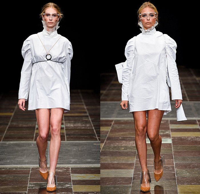 Mardou+Dean 2016 Spring Summer Womens Runway Catwalk Looks - Copenhagen Fashion Week Denmark CPHFW - Denim Jeans Patchwork Mix Match Seat Belt Straps Panels Frayed Raw Hem Maxi Dress Velvet Sheer Chiffon Tulle Mesh Cutout Knit Embroidery Sequins Fanny Pack Waist Pouch Bag Pinstripe Outerwear Jacket Pleats Blouse One Off Shoulder Zipper 