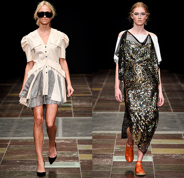Mardou+Dean 2016 Spring Summer Womens Runway Catwalk Looks - Copenhagen Fashion Week Denmark CPHFW - Denim Jeans Patchwork Mix Match Seat Belt Straps Panels Frayed Raw Hem Maxi Dress Velvet Sheer Chiffon Tulle Mesh Cutout Knit Embroidery Sequins Fanny Pack Waist Pouch Bag Pinstripe Outerwear Jacket Pleats Blouse One Off Shoulder Zipper 