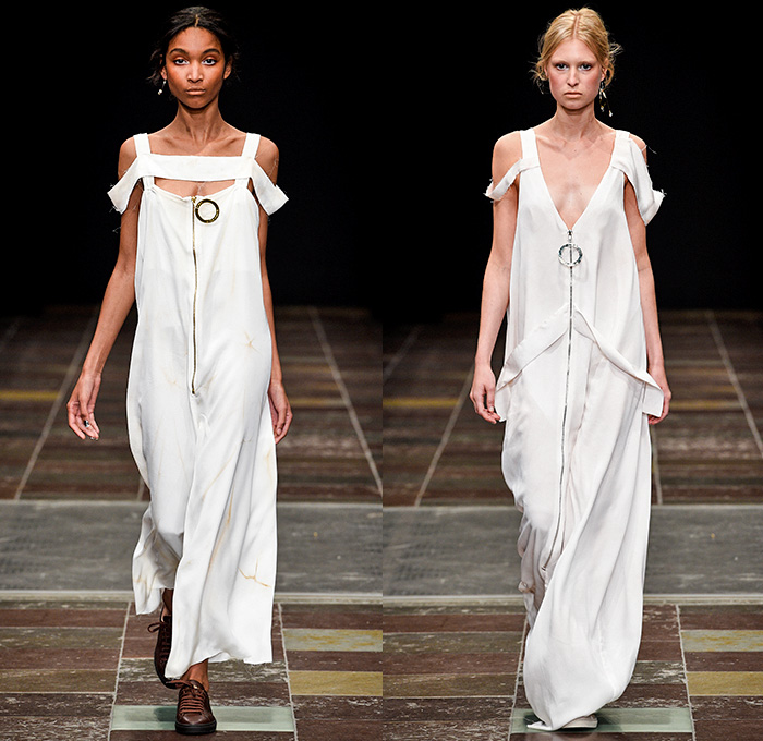 Mardou+Dean 2016 Spring Summer Womens Runway Catwalk Looks - Copenhagen Fashion Week Denmark CPHFW - Denim Jeans Patchwork Mix Match Seat Belt Straps Panels Frayed Raw Hem Maxi Dress Velvet Sheer Chiffon Tulle Mesh Cutout Knit Embroidery Sequins Fanny Pack Waist Pouch Bag Pinstripe Outerwear Jacket Pleats Blouse One Off Shoulder Zipper 