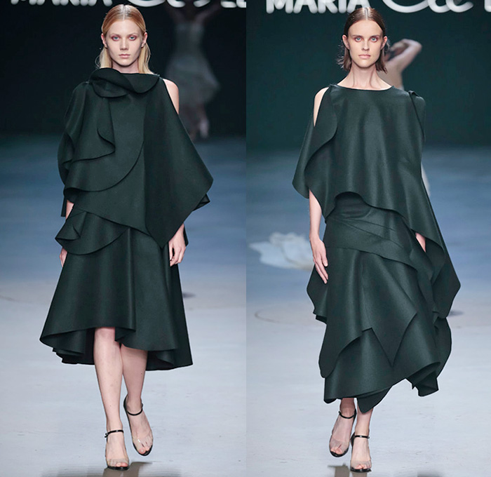 Maria Clè Leal 2016 Spring Summer Womens Runway Looks - FashionWeek Nederland Mercedes-Benz FashionWeek Amsterdam Netherlands - Drapery Tiered Layers Hoodie Shawl Dress Silk Ruffles Deconstructed Organic Shape One Off Shoulder Skirt Frock Knit Sweater Jumper Embellishments Adornments Sheer Chiffon Tulle Noodle Spaghetti Strap Flowers Florals Print Motif