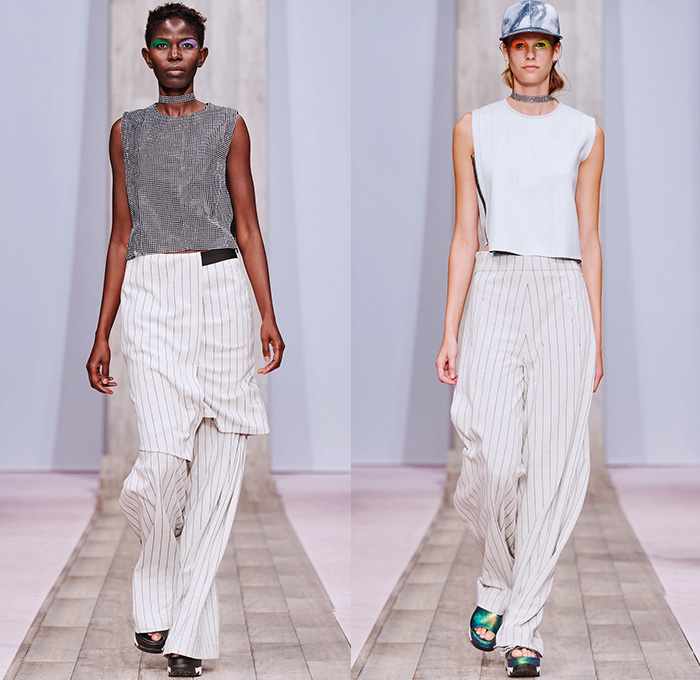 Minimarket 2016 Spring Summer Womens Runway Catwalk Looks - Fashion Week Stockholm Sweden - Denim Jeans Dance Party Wear Outerwear Coat Shirtdress Popover Skirt Frock Asymmetrical Hem Accordion Pleats Peel Away Abstract Print Flare Bell Bottom Satin Metallic Fringes Turtleneck Hanging Sleeve Sweater Wide Leg Trousers Palazzo Pants Blouse Sleeveless Cap Hat Wrap Dress Noodle Strap Sheer