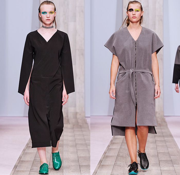 Minimarket 2016 Spring Summer Womens Runway Catwalk Looks - Fashion Week Stockholm Sweden - Denim Jeans Dance Party Wear Outerwear Coat Shirtdress Popover Skirt Frock Asymmetrical Hem Accordion Pleats Peel Away Abstract Print Flare Bell Bottom Satin Metallic Fringes Turtleneck Hanging Sleeve Sweater Wide Leg Trousers Palazzo Pants Blouse Sleeveless Cap Hat Wrap Dress Noodle Strap Sheer