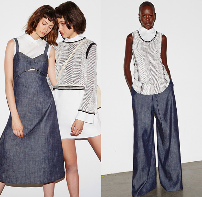 Misha Nonoo 2016 Spring Summer Womens Lookbook Presentation - New York Fashion Week - Denim Jeans Pinafore Maxi Sun Dress A-line Skirt Frock Grosgrain Belt 1960s Sixties Knit Sweater Jumper Sleeveless Blouse Wide Leg Trousers Palazzo Pants Culottes Stripes Onesie Jumpsuit Coveralls Boiler Suit Cutout Sneakers Plaid Tartan Noodle Spaghetti Strap Pajamas Loungewear Kimono Wrap Grid Contrast Stitching Geometric