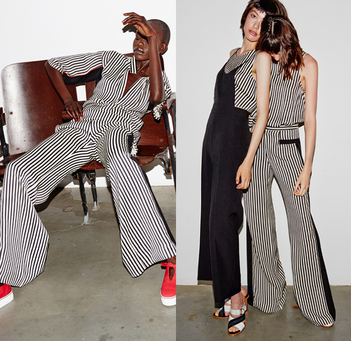 Misha Nonoo 2016 Spring Summer Womens Lookbook Presentation - New York Fashion Week - Denim Jeans Pinafore Maxi Sun Dress A-line Skirt Frock Grosgrain Belt 1960s Sixties Knit Sweater Jumper Sleeveless Blouse Wide Leg Trousers Palazzo Pants Culottes Stripes Onesie Jumpsuit Coveralls Boiler Suit Cutout Sneakers Plaid Tartan Noodle Spaghetti Strap Pajamas Loungewear Kimono Wrap Grid Contrast Stitching Geometric