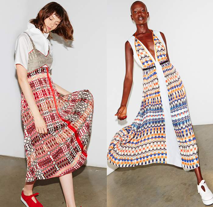 Misha Nonoo 2016 Spring Summer Womens Lookbook Presentation - New York Fashion Week - Denim Jeans Pinafore Maxi Sun Dress A-line Skirt Frock Grosgrain Belt 1960s Sixties Knit Sweater Jumper Sleeveless Blouse Wide Leg Trousers Palazzo Pants Culottes Stripes Onesie Jumpsuit Coveralls Boiler Suit Cutout Sneakers Plaid Tartan Noodle Spaghetti Strap Pajamas Loungewear Kimono Wrap Grid Contrast Stitching Geometric