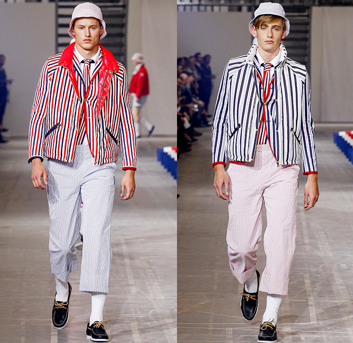 Moncler Gamme Bleu 2016 Spring Summer Mens Runway Catwalk Looks - Milano Moda Uomo Collezione Milan Fashion Week Italy - Rowing Stripes Cashmere Grosgrain Outerwear Parka Blazer Jacket Anorak Bucket Hat Cropped Pants Trousers Vest Waistcoat Boat Shoes Top Sider Necktie Neck Tie Bow