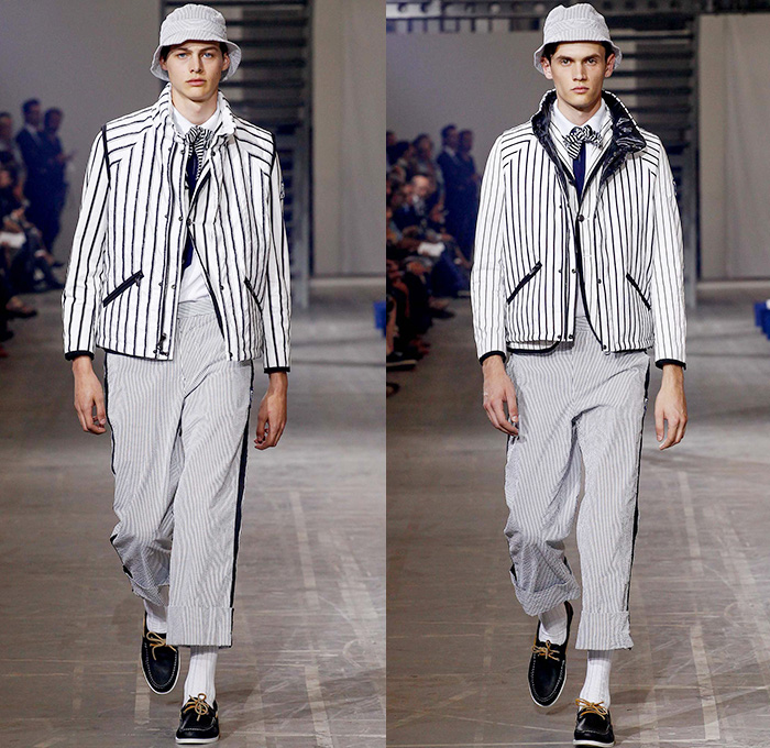 Moncler Gamme Bleu 2016 Spring Summer Mens Runway Catwalk Looks - Milano Moda Uomo Collezione Milan Fashion Week Italy - Rowing Stripes Cashmere Grosgrain Outerwear Parka Blazer Jacket Anorak Bucket Hat Cropped Pants Trousers Vest Waistcoat Boat Shoes Top Sider Necktie Neck Tie Bow