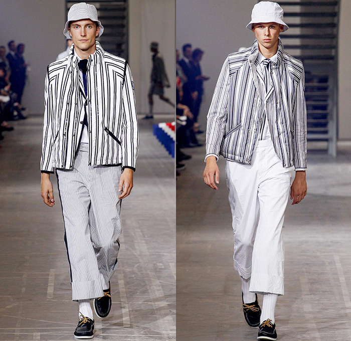 Moncler Gamme Bleu 2016 Spring Summer Mens Runway Catwalk Looks - Milano Moda Uomo Collezione Milan Fashion Week Italy - Rowing Stripes Cashmere Grosgrain Outerwear Parka Blazer Jacket Anorak Bucket Hat Cropped Pants Trousers Vest Waistcoat Boat Shoes Top Sider Necktie Neck Tie Bow