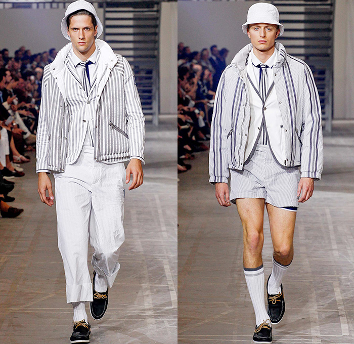 Moncler Gamme Bleu 2016 Spring Summer Mens Runway Catwalk Looks - Milano Moda Uomo Collezione Milan Fashion Week Italy - Rowing Stripes Cashmere Grosgrain Outerwear Parka Blazer Jacket Anorak Bucket Hat Cropped Pants Trousers Vest Waistcoat Boat Shoes Top Sider Necktie Neck Tie Bow