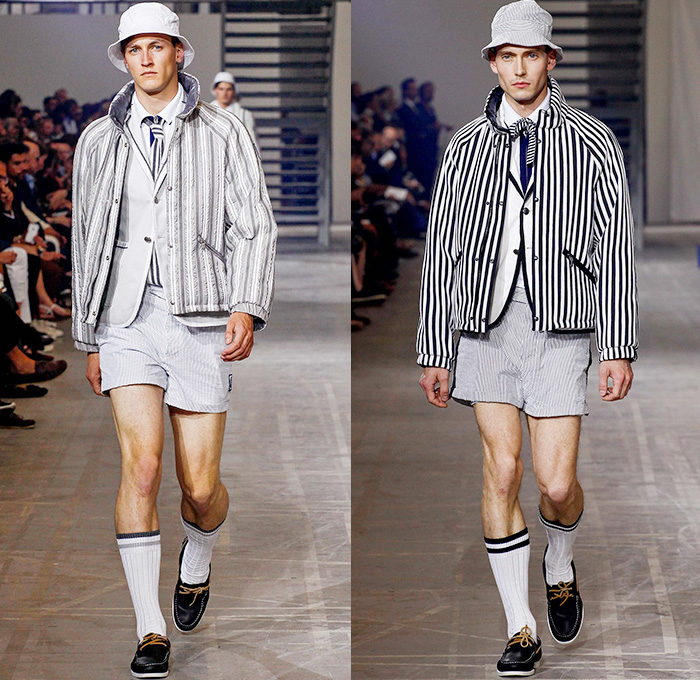 Moncler Gamme Bleu 2016 Spring Summer Mens Runway Catwalk Looks - Milano Moda Uomo Collezione Milan Fashion Week Italy - Rowing Stripes Cashmere Grosgrain Outerwear Parka Blazer Jacket Anorak Bucket Hat Cropped Pants Trousers Vest Waistcoat Boat Shoes Top Sider Necktie Neck Tie Bow