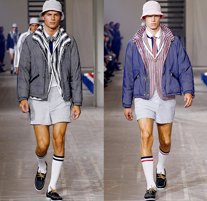 Moncler Gamme Bleu 2016 Spring Summer Mens Runway Catwalk Looks - Milano Moda Uomo Collezione Milan Fashion Week Italy - Rowing Stripes Cashmere Grosgrain Outerwear Parka Blazer Jacket Anorak Bucket Hat Cropped Pants Trousers Vest Waistcoat Boat Shoes Top Sider Necktie Neck Tie Bow