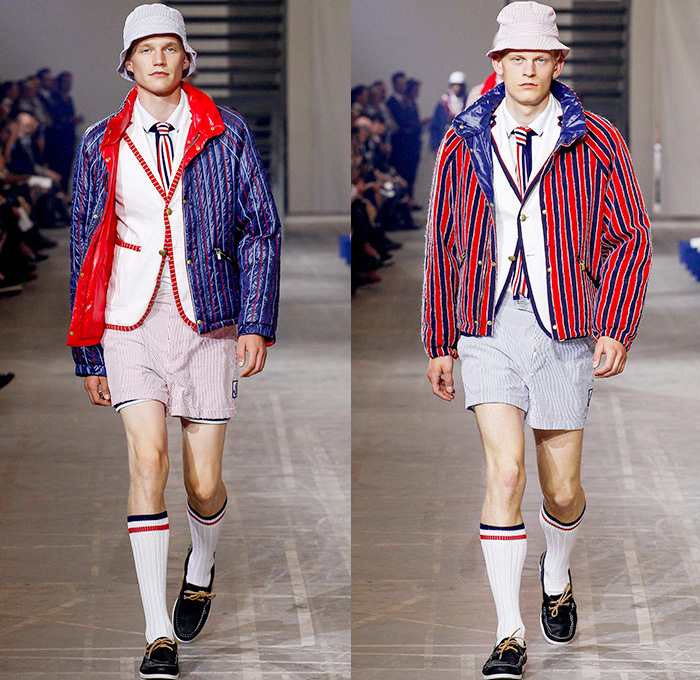 Moncler Gamme Bleu 2016 Spring Summer Mens Runway Catwalk Looks - Milano Moda Uomo Collezione Milan Fashion Week Italy - Rowing Stripes Cashmere Grosgrain Outerwear Parka Blazer Jacket Anorak Bucket Hat Cropped Pants Trousers Vest Waistcoat Boat Shoes Top Sider Necktie Neck Tie Bow