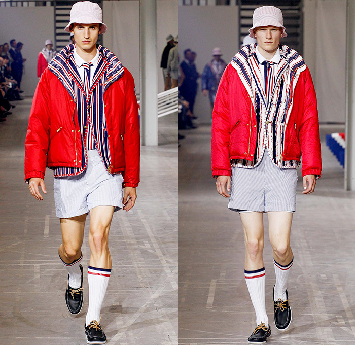 Moncler Gamme Bleu 2016 Spring Summer Mens Runway Catwalk Looks - Milano Moda Uomo Collezione Milan Fashion Week Italy - Rowing Stripes Cashmere Grosgrain Outerwear Parka Blazer Jacket Anorak Bucket Hat Cropped Pants Trousers Vest Waistcoat Boat Shoes Top Sider Necktie Neck Tie Bow