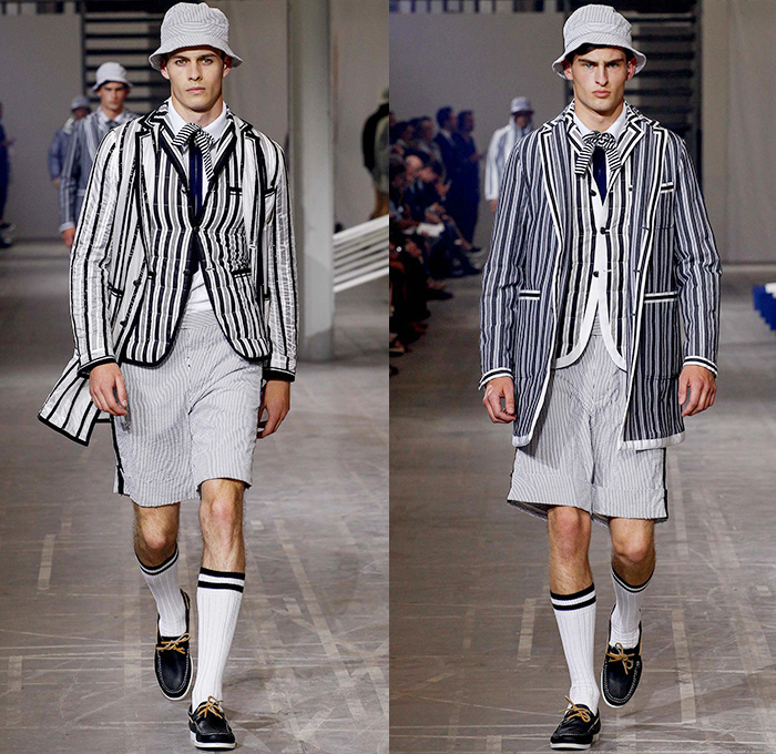 Moncler Gamme Bleu 2016 Spring Summer Mens Runway Catwalk Looks - Milano Moda Uomo Collezione Milan Fashion Week Italy - Rowing Stripes Cashmere Grosgrain Outerwear Parka Blazer Jacket Anorak Bucket Hat Cropped Pants Trousers Vest Waistcoat Boat Shoes Top Sider Necktie Neck Tie Bow