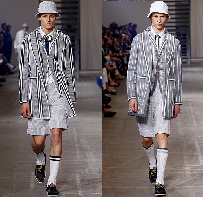 Moncler Gamme Bleu 2016 Spring Summer Mens Runway Catwalk Looks - Milano Moda Uomo Collezione Milan Fashion Week Italy - Rowing Stripes Cashmere Grosgrain Outerwear Parka Blazer Jacket Anorak Bucket Hat Cropped Pants Trousers Vest Waistcoat Boat Shoes Top Sider Necktie Neck Tie Bow