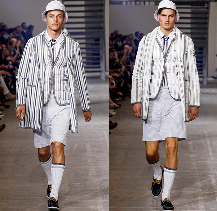 Moncler Gamme Bleu 2016 Spring Summer Mens Runway Catwalk Looks - Milano Moda Uomo Collezione Milan Fashion Week Italy - Rowing Stripes Cashmere Grosgrain Outerwear Parka Blazer Jacket Anorak Bucket Hat Cropped Pants Trousers Vest Waistcoat Boat Shoes Top Sider Necktie Neck Tie Bow