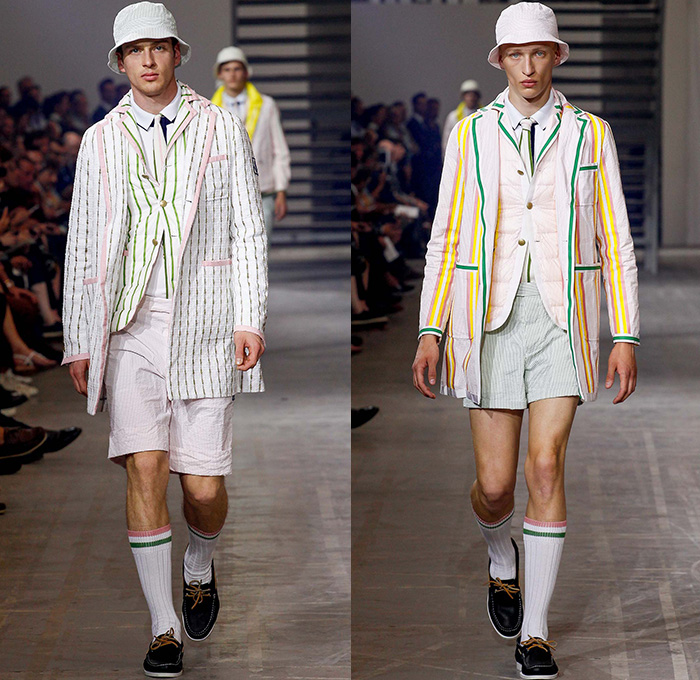 Moncler Gamme Bleu 2016 Spring Summer Mens Runway Catwalk Looks - Milano Moda Uomo Collezione Milan Fashion Week Italy - Rowing Stripes Cashmere Grosgrain Outerwear Parka Blazer Jacket Anorak Bucket Hat Cropped Pants Trousers Vest Waistcoat Boat Shoes Top Sider Necktie Neck Tie Bow