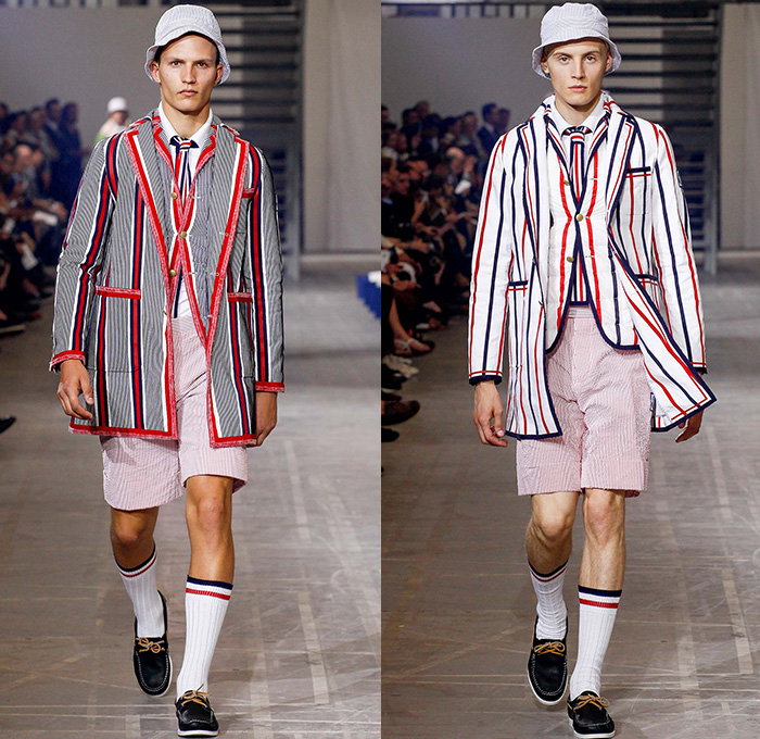 Moncler Gamme Bleu 2016 Spring Summer Mens Runway Catwalk Looks - Milano Moda Uomo Collezione Milan Fashion Week Italy - Rowing Stripes Cashmere Grosgrain Outerwear Parka Blazer Jacket Anorak Bucket Hat Cropped Pants Trousers Vest Waistcoat Boat Shoes Top Sider Necktie Neck Tie Bow