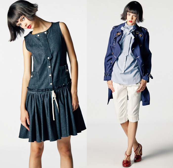 Motonari Ono 2016 Spring Summer Womens Lookbook Presentation - Mercedes-Benz Fashion Week Tokyo Japan - Chambray Sheer Chiffon Tulle Lace Ribbon Knot Dress Shirtdress Popover Pleats Ruffles Drawstring Outerwear Trench Coat Skirt Frock Miniskirt Shorts Stripes Mockneck Long Back Mullet Hem Bowtie Silk Satin Tiered Cardigan