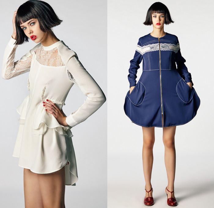 Motonari Ono 2016 Spring Summer Womens Lookbook Presentation - Mercedes-Benz Fashion Week Tokyo Japan - Chambray Sheer Chiffon Tulle Lace Ribbon Knot Dress Shirtdress Popover Pleats Ruffles Drawstring Outerwear Trench Coat Skirt Frock Miniskirt Shorts Stripes Mockneck Long Back Mullet Hem Bowtie Silk Satin Tiered Cardigan