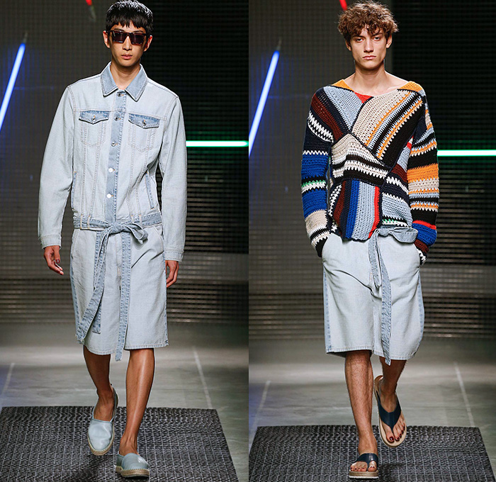 MSGM by Massimo Giorgetti 2016 Spring Summer Mens Runway Catwalk Looks - Milano Moda Uomo Collezione Milan Fashion Week Italy - Denim Jeans Sash Waist Shorts Shirt Espadrilles Sandals Chunky Knit Sweater Jumper Patchwork Leggings Side-Snap Breakaway Wide Leg Pants Trousers Mesh Fishnet Perforated Lasercut Topography New York Street Map Rope Harness Outerwear Blazer Suit Jacket Stripes Coat