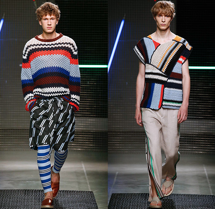 MSGM by Massimo Giorgetti 2016 Spring Summer Mens Runway Catwalk Looks - Milano Moda Uomo Collezione Milan Fashion Week Italy - Denim Jeans Sash Waist Shorts Shirt Espadrilles Sandals Chunky Knit Sweater Jumper Patchwork Leggings Side-Snap Breakaway Wide Leg Pants Trousers Mesh Fishnet Perforated Lasercut Topography New York Street Map Rope Harness Outerwear Blazer Suit Jacket Stripes Coat