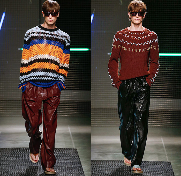 MSGM by Massimo Giorgetti 2016 Spring Summer Mens Runway Catwalk Looks - Milano Moda Uomo Collezione Milan Fashion Week Italy - Denim Jeans Sash Waist Shorts Shirt Espadrilles Sandals Chunky Knit Sweater Jumper Patchwork Leggings Side-Snap Breakaway Wide Leg Pants Trousers Mesh Fishnet Perforated Lasercut Topography New York Street Map Rope Harness Outerwear Blazer Suit Jacket Stripes Coat