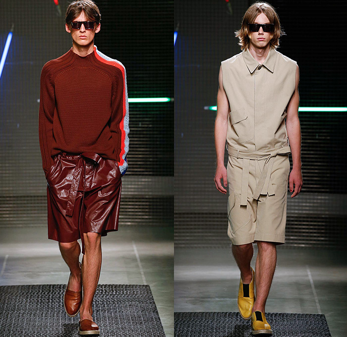 MSGM by Massimo Giorgetti 2016 Spring Summer Mens Runway Catwalk Looks - Milano Moda Uomo Collezione Milan Fashion Week Italy - Denim Jeans Sash Waist Shorts Shirt Espadrilles Sandals Chunky Knit Sweater Jumper Patchwork Leggings Side-Snap Breakaway Wide Leg Pants Trousers Mesh Fishnet Perforated Lasercut Topography New York Street Map Rope Harness Outerwear Blazer Suit Jacket Stripes Coat