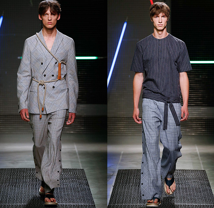 MSGM by Massimo Giorgetti 2016 Spring Summer Mens Runway Catwalk Looks - Milano Moda Uomo Collezione Milan Fashion Week Italy - Denim Jeans Sash Waist Shorts Shirt Espadrilles Sandals Chunky Knit Sweater Jumper Patchwork Leggings Side-Snap Breakaway Wide Leg Pants Trousers Mesh Fishnet Perforated Lasercut Topography New York Street Map Rope Harness Outerwear Blazer Suit Jacket Stripes Coat