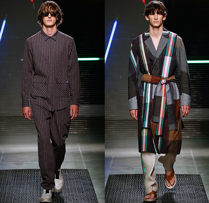 MSGM by Massimo Giorgetti 2016 Spring Summer Mens Runway Catwalk Looks - Milano Moda Uomo Collezione Milan Fashion Week Italy - Denim Jeans Sash Waist Shorts Shirt Espadrilles Sandals Chunky Knit Sweater Jumper Patchwork Leggings Side-Snap Breakaway Wide Leg Pants Trousers Mesh Fishnet Perforated Lasercut Topography New York Street Map Rope Harness Outerwear Blazer Suit Jacket Stripes Coat