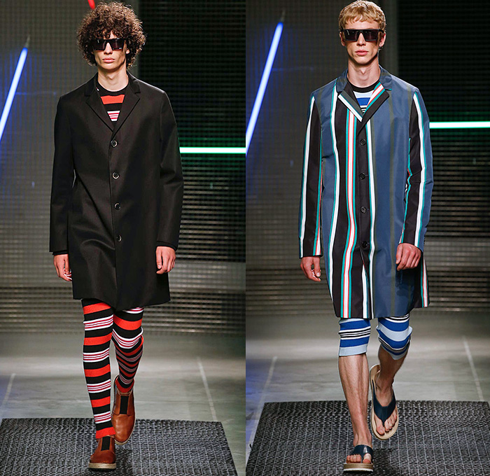 MSGM by Massimo Giorgetti 2016 Spring Summer Mens Runway Catwalk Looks - Milano Moda Uomo Collezione Milan Fashion Week Italy - Denim Jeans Sash Waist Shorts Shirt Espadrilles Sandals Chunky Knit Sweater Jumper Patchwork Leggings Side-Snap Breakaway Wide Leg Pants Trousers Mesh Fishnet Perforated Lasercut Topography New York Street Map Rope Harness Outerwear Blazer Suit Jacket Stripes Coat