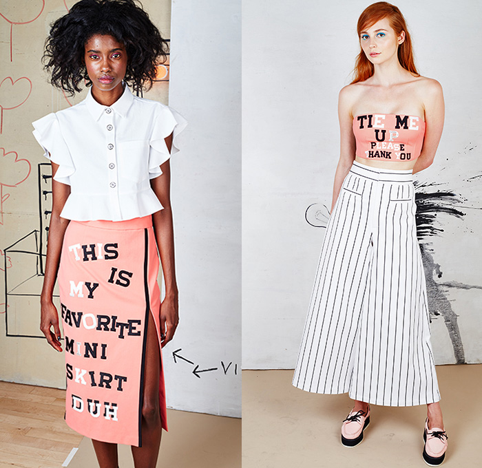 Nanette Lepore 2016 Spring Summer Womens Lookbook Presentation - New York Fashion Week - Carefree Cocktail Daywear Maxi Dress 1970s Seventies 1960s Sixties Retro Kimono Ruffles Blouse Wide Leg Trousers Palazzo Pants Culottes Crop Top Midriff Stripes One Off Shoulder Strapless Lace Mesh Net Lasercut Flowers Floral Motif Embroidery Sheer Chiffon Tiered Outerwear Blazer Jacket Noodle Spaghetti Strap